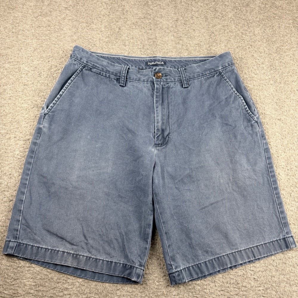 Nautica Men's 32 Blue Cotton‎ Chino Shorts Flat Front Casual Summer P55 214